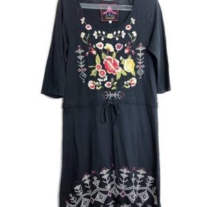 Johnny Was High Low Black Embroidered Floral Dress